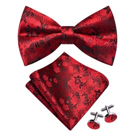 Gusleson Red Bow Tie and Pocket Square Set for Men Black Floral Pre-Tied Bowties Cufflinks for Wedding (UK0493-08)