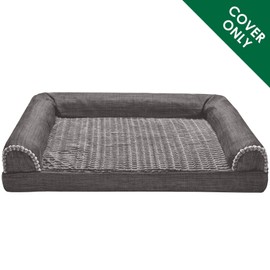 Furhaven Replacement Pet Bed Cover - Sofa-Style Faux Fur and Durable Performance Linen Couch Washable Dog Bed Cover, Charcoal, Jumbo Plus (XX-Large)