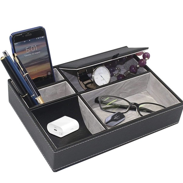 Mens Valet Tray Organizer - Leather Nightstand Dresser Top Box with 5 Compartment for Accessories, Wallet, Phone, Keys Black