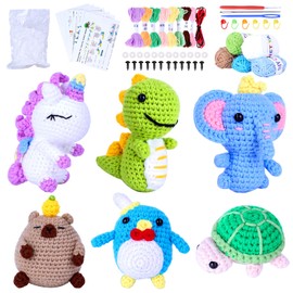 BOLDNOVA Crochet Kit for Beginners Kids and Adults, Knitting Kit for Beginners with 6 Pcs Crochet Animal Kit for Beginners in Step by Step Video Tutorials, Beginner Crochet Kit for Adults and Kids