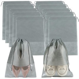 SOFPLATE 10 Pack 14.3 x 10.6 Inch Drawstring Shoe Bags Dust Proof Shoe Storage Bags with Clear Window Gray Non Woven Cloth Organizer Portable Pouches for Travel Protecting Boots Luggages DIY Holder