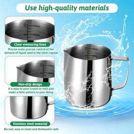 4 Pcs Milk Frothing Pitchers, 12 Oz 304 Stainless Steel Espresso Steaming Pitchers with Measuring Markers, Heat Resistant Rustproof Barista Tools for Home Baristas, Coffee Shops (Silver)