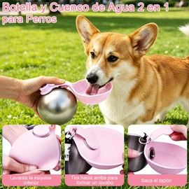 2 en 1 Portátil Botella Agua para Perros 285 ml, Nueva Botella de Agua con Bebedero Silicona Plegable, A Prueba de Fugas para Perros Pequeños y Medianos, Ideal para Paseos, Senderismo y Viajes (Rosa)