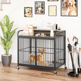 GAOMON Dog Crate Furniture, Dog Crate Indoor with Adjustable Height Bowls, Wooden Heavy Duty, 39.8 Inch Dog Kennel Furniture for Medium Dogs, 39.8" L X 22.5" W X 38.6" H,Grey