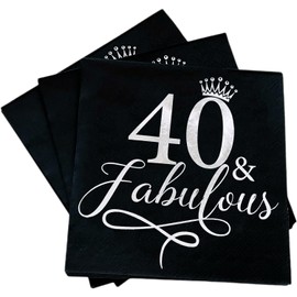 UojlvlrFabulous40th Birthday Napkins 50pcs silver 40th Birthday Celebration Party Decoration Napkins Black 40th Birthday Decoration Men's and Women's Party Supplies Black silver Foil Cocktail Napkins