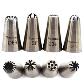 Tumtanm #2F #108E #234#D66 Large Piping Nozzles, 4 Pieces Stainless Steel Seamless Icing Piping Tips Set for Cupcakes and Baking, Silver