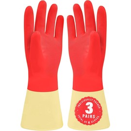 SteadMax 3 Pack Red Cleaning Gloves, Supreme Durability, Natural Rubber Latex Gloves, Medium Size (3 Pairs)