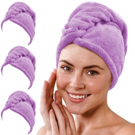 Gräfenstayn Set of 3 Microfibre Hair Turban with 2 Buttons - Turban Towel Quick Drying & Absorbent - Hair Towel Short & Long Hair, Button Head Towel Coral Fleece (Purple)