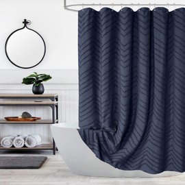 TURKIO 84 Inches Long Boho Tufted Chevron Striped Fabric Shower Curtain Navy Blue 72x84 Tall Minimalist Waterproof Cloth Shower Curtain, Wrinkle Free