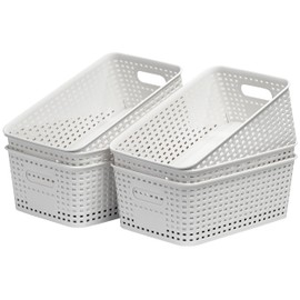 6 Pack Plastic Storage Baskets with Handles,Stackable Organizer Bins for Closet, Bathroom, Kitchen, Office, Shelf and Cabinet Organization (White, Grid-6PACK)