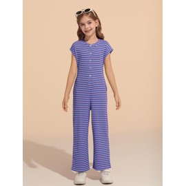 Haloumoning Girls Striped Jumpsuit Kids Summer Cap Sleeve Wide Leg Romper Button Down Outfits 5-14 Years
