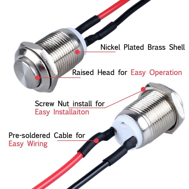 DMWD 2-Pack 12mm Momentary Metal Waterproof Push Button Switch Raised