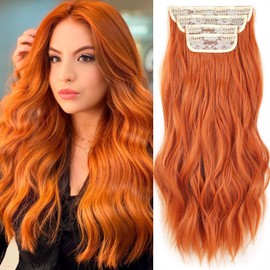 Samtress 20 Inch Clip in Hair Extensions 4 PCS Orange Red Long Wavy Clip in Hair Extensions Synthetic Fiber Thick Hairpieces for Women (#350)