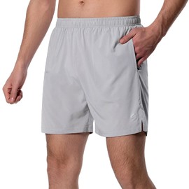 Pantalones cortos para correr de 5 pulgadas para hombre, ligeros, atléticos, para entrenamiento, gimnasio, forro con bolsillos con cremallera, Gris claro, Large