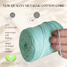 MeriWoolArt® Macrame Yarn Aqua 2 mm x 250 m Cotton Cord, Recycled Soft Cotton Yarn for Knitting Plant Hangers, Jewellery Making, Crochet Bags