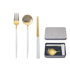 Cesa Beams Portable Cutlery, Camping, Outdoors, Leisure, Original 3 Pieces + 1 Storage Box, Cutlery Set, Cutlery Gold, Fashionable, Gold, Scandinavian Spoon, Fork, Connected Chopsticks, Camping,