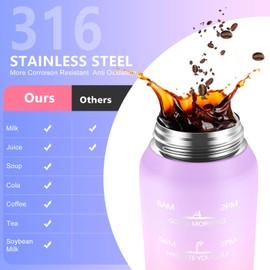 SLUXKE Stainless Steel Drinking Bottle 1 Litre with Time Marking, 1 Litre Thermos Flask with Premium Leak-Proof Lid for Hot, Carbonated and Cold Drinks Purple Pink