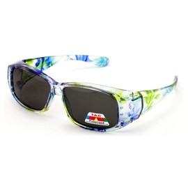 Floral Womens Polarized Fit Over Glasses Sunglasses Rhinestone Rectangular Frame 60mm (Transparent Blue/Green)