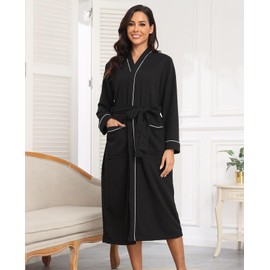 RONGTAI Waffle Robes for Women Soft Long Sleeve Bathrobe with Pockets Lightweight Loungewear for Home Holiday Spa(Black, XL)