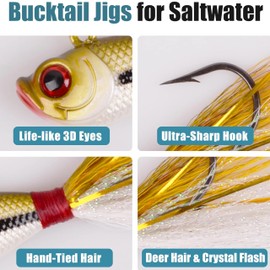 Bucktail Jigs Saltwater Fishing Lures, 5pcs Saltwater Jigs Kit Bucktail Hair Jig Saltwater Freshwater Surf Fishing Lures for Walleye Striper Bass Snook Bluefish Flounder 1/4oz-2oz