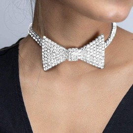 Sparkly Rhinestone Choker Glitter Bowtie Necklace Bowknot Tennis Chain Party Wedding Costume Jewelry for Women (Silvery, One size)