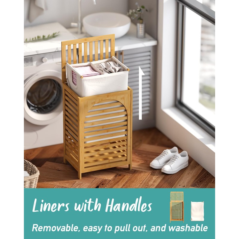 Laundry Hamper, 22.5 Gallon (85L) Bamboo Wood Clothes Laundry Basket
