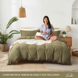 ALAZURIA Queen Size Duvet Cover - 3 Piece Bedding Set (1 Duvet Cover & 2 Pillow Shams) Soft Double Brushed Comforter Cover w/Zipper Closure & Corner Ties - No Comforter (90" X 90", Olive Green)
