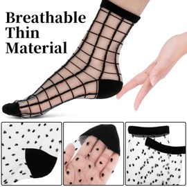 Lusofie 5 Pairs Sheer Socks Black See Through Socks Checkered Dot Striped Plaid Ankle Summer Socks for Women Thin Fashion
