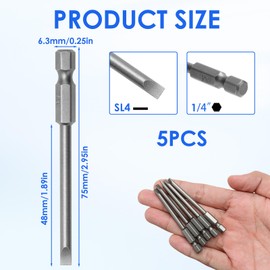 5 Pcs 4mm Long Screwdriver Bits Magnetic Slotted Flat Head Screwdriver Bits 1/4 Inch Hex Shank S2 Steel Screw Driver Drive Drill Bits Power Tool for Electric Screwdrivers, 75mm Long