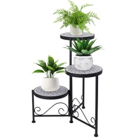Chonsun 3 Tier Mosaic Plant Stand Foldable Corner Shelf for Indoor Outdoor Tall Plant Holder Display Rack for Patio Balcony Living Room Garden Decor
