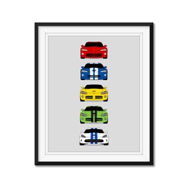 Custom Car Posters History of Dodge Viper Generations and Handmade Print of Viper R/T GTS SRT10 - Multi-Color, 16x20" Metallic Print (Unframed)