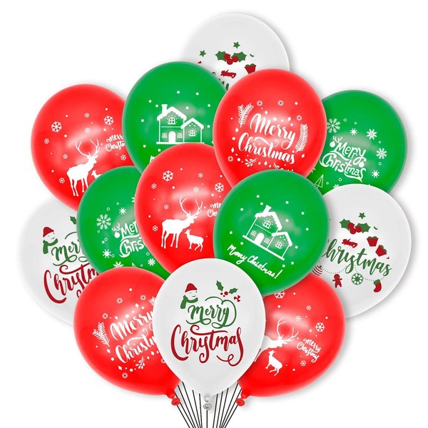 Vinsani 25pcs Christmas Party Balloons Decoration Set 12 Inch Latex Red Green White Xmas Printed Balloons Christmas Decorations Holiday New Year Party Décor Supplies