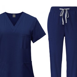 YIJU Female Scrub Set Nurse Workwear V Neckline Professional Machine Washable Top and Joggers Pant Work Clothing for Beauty Center, Navy Blue, XL