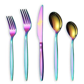 HOMQUEN Rainbow Flatware Set 20 Pieces, Stainless Steel Colorful Silverware Set, Titanium Plating Rainbow Cutlery Set, Rainbow Utensil Sets Service Set for 4 (Shiny Rainbow)