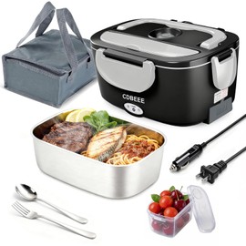 CDBEEE Electric Lunch Box Food Heater - 80W Fast Heating, 1.5L Heated Lunch Box Leak-Proof 304 Stainless Steel Portable Food Warmer, (12V/24V Car/Truck & 113V Home), Ideal for Work/Travel