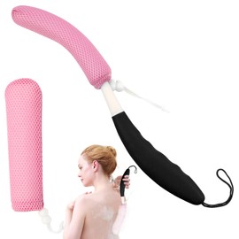 KkaFFe 15.35" Back Bath Brush with Sponge,Back Scrubber Bath Mesh with Curved Long Handle Bath Body Brush for Elderly Aid Bathing and Shower