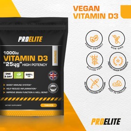 Vitamin D 1000 IU (25mcg) Vegan 365 VIT D Tablet 12 Months Supply for Maintenance of Healthy Immune System, Muscles, Bones & Teeth Vitamin D3 Cholecalciferol Made in The UK by PROELITE