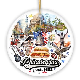 Artistic Philadelphia Handcrafted Ceramic Ornament, Vintage Pennsylvania Souvenir Gift and Christmas Tree Decor (Circle)