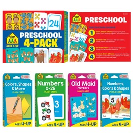 School Zone - Preschool 4-Pack Flash Cards - Ages 4+, Colors, Shapes, Numbers 0-25, Old Maid Numbers, Kids Game Cards, Puzzle Cards, Counting, Rhyming Words, Readiness Skills, and More