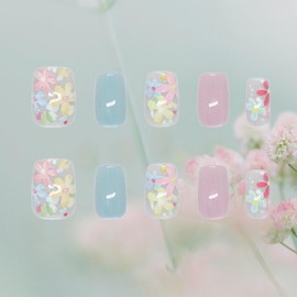 24Pcs Red Wild Flowers Short Square Fake Nails Summer Flower Press on Nails Glossy Colorful Cat Eye Stick on Nail Acrylic Full Cover False Nail Petal Gel Glue on Fingernails for Holiday Manicure Art