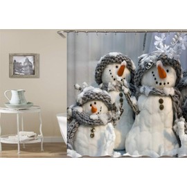 3D Printed Merry Christmas Three Snowman Background Waterproof Shower Curtain/Bath Curtain-Size: 66"x72"
