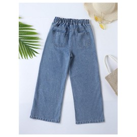 OYOANGLE Girl's Wide Leg Denim Jeans Elastic Waist Button Front Baggy Pants with Pockets Blue 9 Years