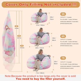 7FT Giant Fur Bean Bag Chair Cover, Ultra Soft Rainbow Bean Bag Chairs for Adults (No Filler, Cover only), Big Round Soft Fluffy Faux Fur Bean Bag Lazy Sofa Bed Cover, Washable Big Size Bean Bag Cover