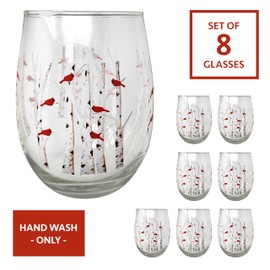 BANBERRY DESIGNS Cardinal Stemless Wine Glasses - Set of 8 - Cardinals Perched on White Birch Trees - All Occasion - 4 3/4" H with a 20 oz Capacity