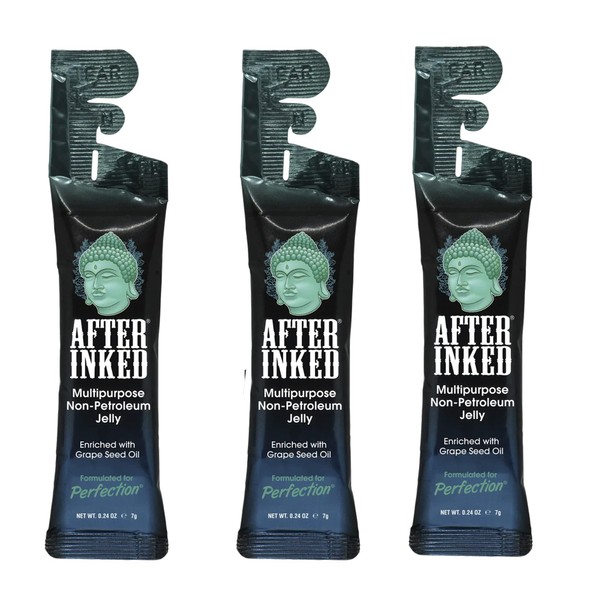 After Inked Multipurpose Non-Petroleum Jelly - Tattoo Aftercare Ointment Moisturizer Enriched with Grape Seed Oil - All Purpose Non-Petroleum Based Balm for Tattoo, Piercing & PMU, 7g Packet (3-Pack)