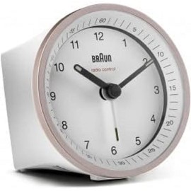 Braun Funkwecker in der Farbe weiß-rosa mit Crescendo-Alarm, Schlummerfunktion und Beleuchtung, BC07PW-DCF