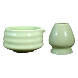 Matcha Bowl and Whisk Holder Set, 19 OZ Ceramic Tea Bowl with Spout and Whisk Stand, Japanese Tea Bowls for Matcha, Whisk Rest, Matcha Bowl Traditional Ceremonial Accessorie (Green)