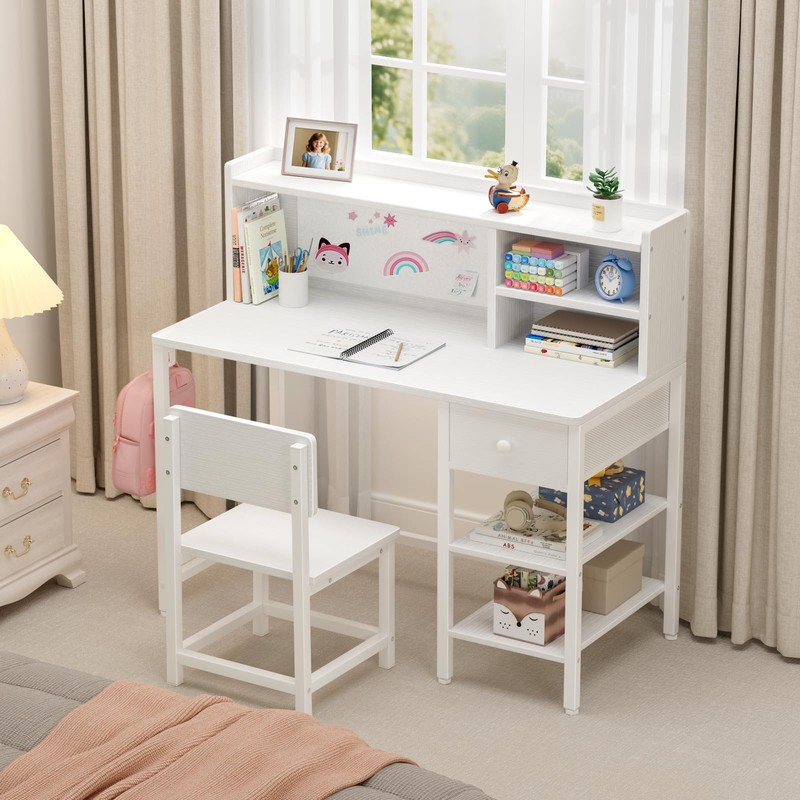 BOLUO White Kids Desk and Chair Set for 6-12 Year