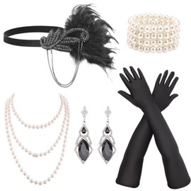DRESHOW 1920s Great Gatsby Accessories - Women's Flapper Costume Accessories: Feather Headband, Gloves, Necklace Set