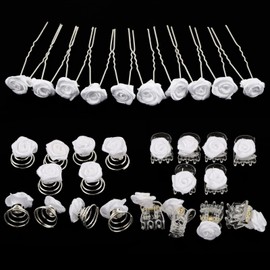 10 x Small Flower Hair Clips + 10 x Rose Hair Pins + 10 x Rose Curlies Curlie Bridal Hair Accessories for Bride Bridesmaid Girls